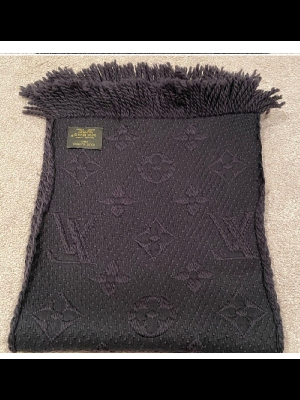 Louis Vuitton Dark Charcoal Monogram Fringed Wool Scarf